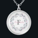 Collar Plateado Monograma doble de floral rosa gris elegante<br><div class="desc">Monograma este collar plateado de flores gris y rosa con tu nombre inicial y tu nombre. Gran idea de regalo para la dama de honor,  amigos,  familia o compre uno para usted.</div>