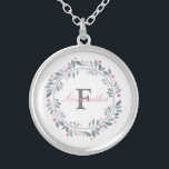 Collar Plateado Monograma doble de floral rosa gris elegante<br><div class="desc">Monograma este collar plateado de flores gris y rosa con tu nombre inicial y tu nombre. Gran idea de regalo para la dama de honor,  amigos,  familia o compre uno para usted.</div>