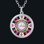 Collar Plateado Monograma negro, rosa caliente y dorado estilo Las<br><div class="desc">Collar monograma. Diseño Monograma Negro, Rosa caliente y Dorado estilo Las Vegas listo para su personalización. Nota ✔: No es necesario cambiar todas las áreas de plantilla. 📌 Si necesita una mayor personalización, haga clic en el botón "Haga clic para más Personalizares" o "Personalizar o Editar diseño" y utilice nuestra...</div>