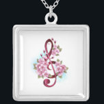 Collar Plateado Musical treble clef notes with Sakura flowers<br><div class="desc">Pink treble clef with delicate,  detailed pink Japanese cherry blossoms against white background painted over with light blue paint. Blooming pink sakura.</div>