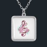 Collar Plateado Musical treble clef notes with Sakura flowers<br><div class="desc">Pink treble clef with delicate,  detailed pink Japanese cherry blossoms against white background painted over with light blue paint. Blooming pink sakura.</div>