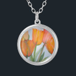 Collar Plateado Naranja Citrus Tulips<br><div class="desc">pintura acuarela de tulipanes naranjas de cítricos transparentes</div>