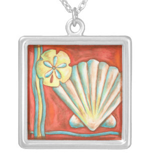 Collar Plateado Naranja Rústico Seashells