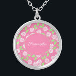 Collar Plateado Nombre de monograma caligrafía de escritura floral<br><div class="desc">Monograma este collar de cestería floral rosa y verde con su nombre o iniciales. Estos collares hacen grandes regalos para las damas de honor,  regalos para el día de la madre y regalos para cualquier mujer en tu vida.</div>