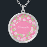 Collar Plateado Nombre de monograma caligrafía de escritura floral<br><div class="desc">Monograma este collar de cestería floral rosa y verde con su nombre o iniciales. Estos collares hacen grandes regalos para las damas de honor,  regalos para el día de la madre y regalos para cualquier mujer en tu vida.</div>