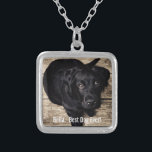 Collar Plateado Nombre negro personalizado de la foto del perro<br><div class="desc">Personalice este recuerdo con la su foto del perro o del perrito y el nombre (o la otra foto del mascota o de la persona/el nombre). El texto lee el "mejor perro nunca" o añade su propio texto - amamos Bella (el nombre del perro), el cumpleaños del perro o el...</div>
