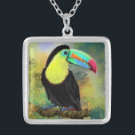 Collar Plateado Pájaro Toco Tropical Toco Toucan Exótico - Pintado<br><div class="desc">Exótico Pájaro Toco Tropical Toucan - Pintando acuarela Migned Hermoso Colorido</div>