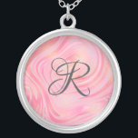 Collar Plateado Patrón Monograma De Mármol Rosa Swirl Y Purpurina<br><div class="desc">Collar monogramado de color rosa claro y rosa oscuro con flecos de purpurina dorado en este bonito patrón de remodelación de mármol. Añade tu monograma para añadir ese toque especial.</div>