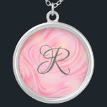 Collar Plateado Patrón Monograma De Mármol Rosa Swirl Y Purpurina<br><div class="desc">Collar monogramado de color rosa claro y rosa oscuro con flecos de purpurina dorado en este bonito patrón de remodelación de mármol. Añade tu monograma para añadir ese toque especial.</div>