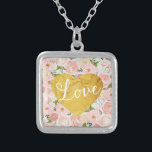 Collar Plateado Peach Vintage Floral Fake Gold Love Hearly Girly<br><div class="desc">Motivo de melocotón y flores rosadas en un fondo verde menta. Corazón de oro de Relieve metalizado falso. Se lee "Amor" en la sofisticada tipografía de escritura. ¡Girly!</div>