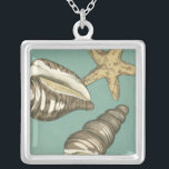 Collar Plateado Pequeño trío de conchas en Verde azulado<br><div class="desc">Megan Meagher es conocida por sus simples obras de arte. Esta imagen refleja la sencillez de los tesoros de la orilla del mar, de las conchas y de las estrellas de mar. Meagher abarca un fondo verde azulado en su imagen para contrastar estos tesoros. Consigue hoy esta buena impresión de...</div>