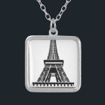 Collar Plateado Pintura de arte de la Torre Eiffel Blanco Negro de<br><div class="desc">Pintura de la Torre Eiffel de París en blanco y negro</div>