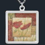 Collar Plateado Pintura floral con pinceladas de cepillo visibles<br><div class="desc">Las pinceladas se ven en esta pintura floral de Chariklia Zarris. Dos flores rojas se sientan en el medio de la pieza con hierba en el fondo y unas cuantas hojas flotando en la parte superior. ¡Una escena caprichosa que haría un gran regalo!</div>