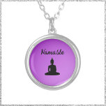 Collar Plateado Purple Buddha Namaste<br><div class="desc">Diseño de Buda con nombres - morado y negro.</div>