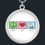 Collar Plateado Rezo del amor de la paz<br><div class="desc">Un signo de la paz,  corazón,  y dos manos dobladas para rogar. Un regalo religioso hermoso.</div>