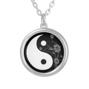 Collar Plateado Símbolo floral negro de Yin Yang