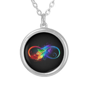 Collar Plateado Símbolo infinito con pluma arco iris