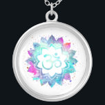 Collar Plateado *~* Símbolo OM . Aum manala de color de agua Lotus<br><div class="desc">* Mejorado en energía - Un símbolo OM Lotus Watercolor Mandala en un fondo negro.* ROUND Fondo blanco y colorida acuarela. Plata chapada. Puede ser Zen , Esoteric , New Age , Metaphysical , y Espiritual ayudando con meditación y atención. Aquí para usted es un diseño atractivo metafísicamente inclinado espiritualmente...</div>