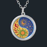 Collar Plateado Sun y Moon Yin Yang Colorful<br><div class="desc">Un Yin Yang diseño de sol y luna en un estilo de corte de papel.</div>