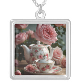 Collar Plateado Té Rosa de col rosa