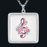 Collar Plateado Tejidos musicales notas de colores con flores de S<br><div class="desc">El aroma rosa del trébol con delicadas y detalladas flores japonesas de cerezo rosadas en un fondo blanco pintado con pintura azul claro. Sakura rosa floreciente.</div>