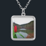 Collar Plateado Tulipán rojo primaveral en el lago Arrowhead<br><div class="desc">Foto de un tulipán rojo brillante en las orillas del lago Arrowhead,  tomada por Sandy Closs.</div>