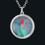 Collar Plateado Tulipán rojo sobre pizarra gris azul<br><div class="desc">Flores de primavera. Un solo Stem de un tulipán rojo de rubí contra un bello fondo de piedra. Foto de Sandy Closs.</div>