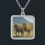 Collar Plateado Un par de ponis islandeses marrones<br><div class="desc">Una adorable y adorable foto de dos ponis icelandeses tirando por un camino de tierra. Una es una bahía y la otra es de color castaño. Sus preciosos hombres soplando en el viento. Un hermoso paisaje montañoso se puede ver en el fondo y añade un sentido de asombro a esta...</div>