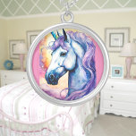 Collar Plateado Unicornio púrpura cósmico<br><div class="desc">Un unicornio de bonito con una forma violeta con un fondo cósmico arcoiris. Creado digitalmente en un estilo de acuarela. Un diseño perfecto para niños y adultos con numerosos productos de moda. Personalizar tu color de fondo o texto!</div>