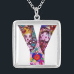 COLLAR PLATEADO VALENTINE VENETIAN MASQUERADE MONOGRAM Y CARTA<br><div class="desc">Letra Y alfabeto diseño inicial con corazón. Espectáculo vibrante y artístico con confeti colorido...  Amor mítico entre Harlequin y Columbine,  pintura acrílica inspirada en máscaras de plumas venecianas y Commedia dell'arte - Venecia. Colores verdes color rosa rosa violeta claro.</div>