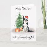 Collie Fronteriza Feliz Navidad Perro<br><div class="desc">Envíe saludos navideños esta temporada navideña con esta tarjeta navideña de navidad de Morerry Christmas collie perro santa, y decoración a juego. Esta tarjeta de vacaciones de la collie fronteriza incluye un perro acuarela en un árbol y sombrero de santa. Personaliza con mensaje y apellido . Esta tarjeta de navidades...</div>