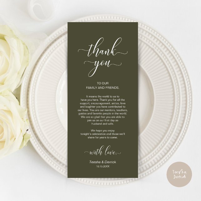 Colocación Gracias, Elegante Tarjeta Verde De Oliv (Wedding Dinner Place Setting Thank You Card, Modern Classy Design, Olive Green)