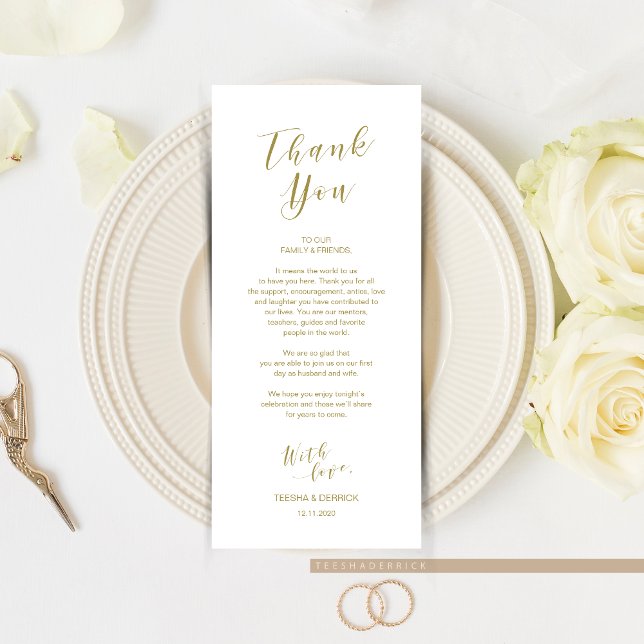 Colocar configuración Gracias, tarjeta de script m (Wedding Dinner or Elopement Brunch Place Setting Thank You Card, In Modern Romantic Gold Themed.)