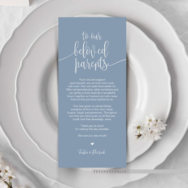 Colocar la tarjeta de agradecimiento para los padr (Wedding Dinner or Elopement Brunch Place Setting Thank You Card, In Modern Romantic Dusty Blue)