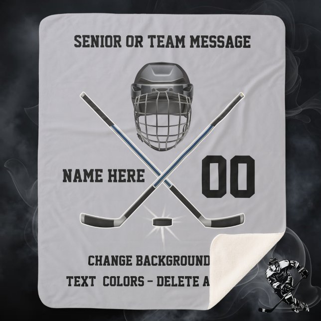 Colocar las mantas de HOCKEY personalizadas Sherpa (Senior night hockey ideas. Gray and Black, Hockey gifts for players. Hockey Christmas gift ideas.)