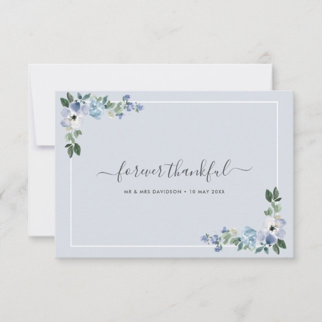 color azul boda floral gracias tarjeta (Anverso)