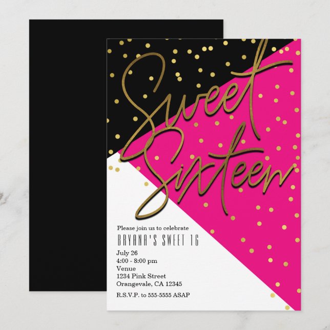 Color Block Pink Black Gold Sweet 16 Invitaciones