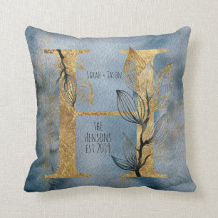 Color de agua Azul gris dorado H Monograma Cojín d