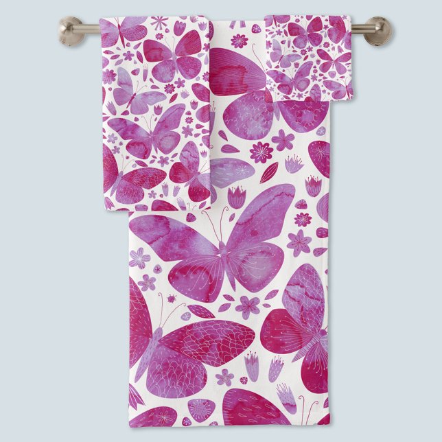 Color de agua de mariposa rosa (Magenta pink watercolor butterfly pattern bath and hand towel set)