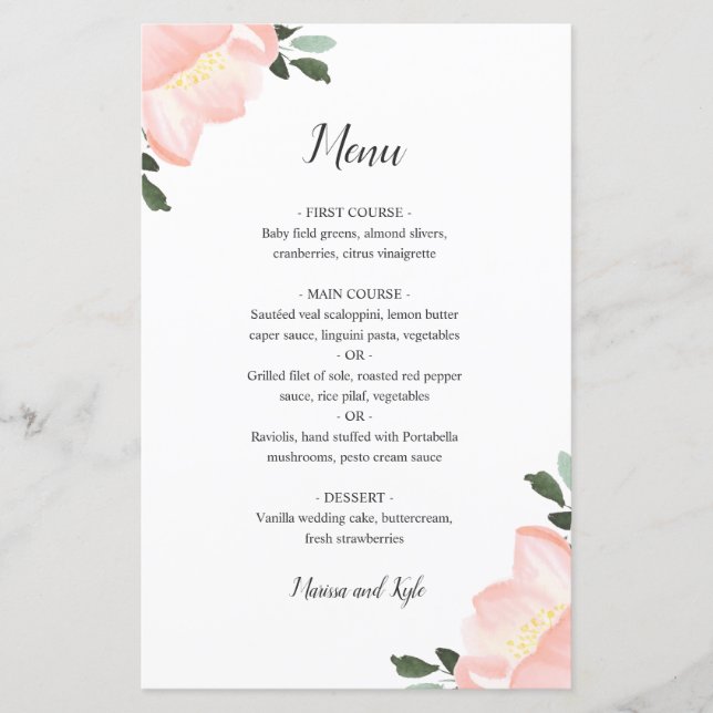 Color de agua rosa Floral Elegante Menú de bodas (Anverso)