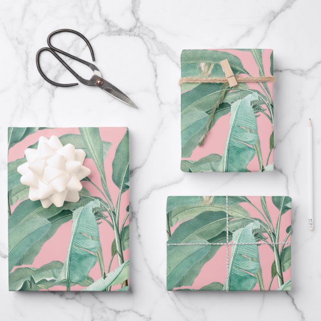 Color de agua rosa moderno hojas de plátano tropic (Anverso)