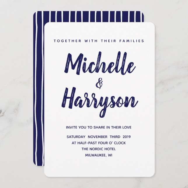 Color mínimo | Azul marino | Invitación a la boda (Anverso / Reverso)