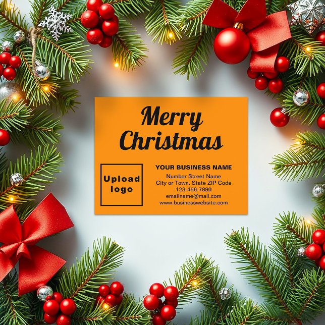 Color naranja | Navidad | Negocios | Pequeño plano (Business brand on orange color flat holiday card for Christmas)