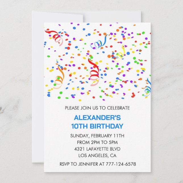 Color party invitaciones blue boy confetti rainbow (Anverso)