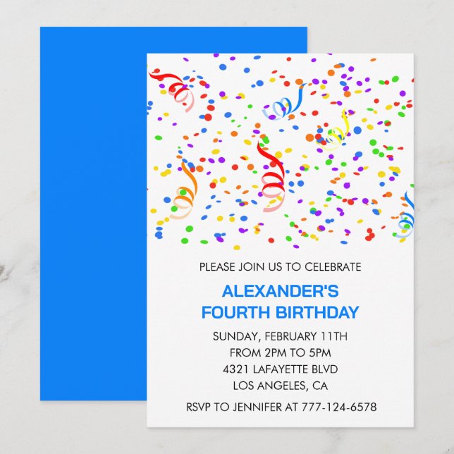 Color party invitaciones blue boy confetti rainbow (Anverso / Reverso)