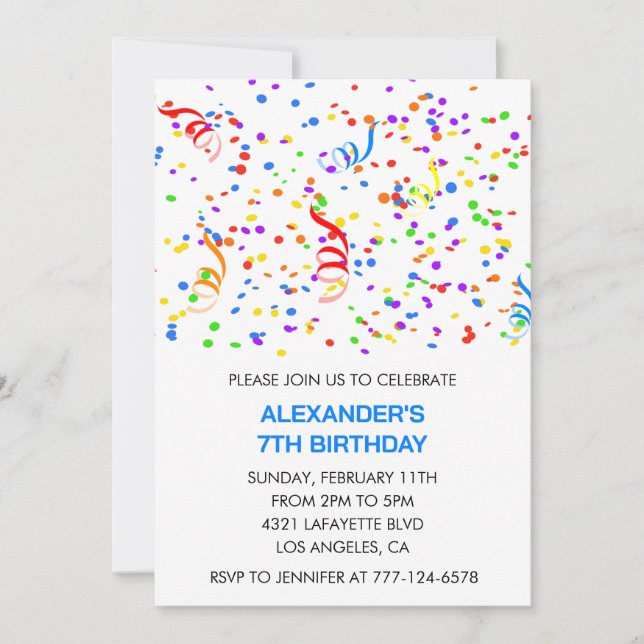 Color party invitaciones blue boy confetti rainbow (Anverso)