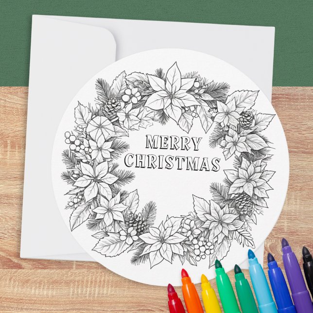 Colorante festivo elegante Wreath Feliz Navidad (A Christmas card to color, with round festive wreath design and Merry Christmas greeting)