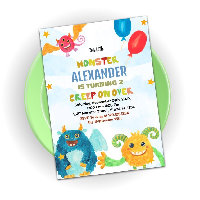 Colores acuáticos de invitaciones de cumpleaños a  (Monster Birthday Invitations Watercolours)
