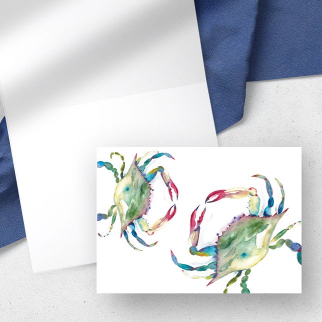 Colores de agua costeros Tarjetas de cangrejo azul (blue crab blank note card folded watercolor art by Victoria Grigaliunas of Do Tell A Belle)