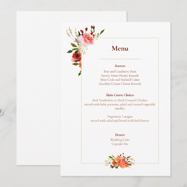 Colores de otoño acuarela Menú Floral (Anverso / Reverso)